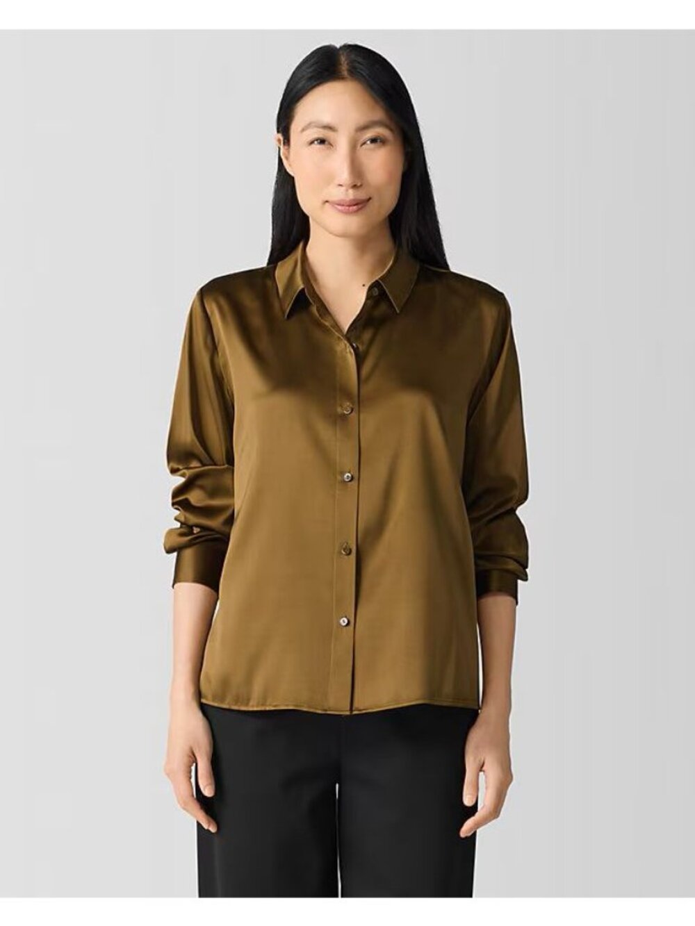 Eileen Fisher Stretch-Silk Classic CollarCharmeuse Button-Up Shirt Olive XL